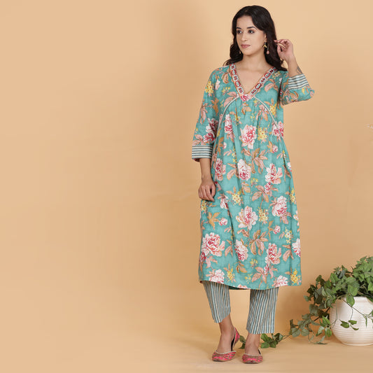 Teal floral printed A-line Cotton kurta set