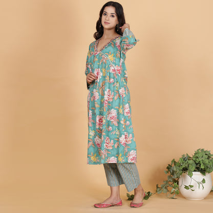 Teal floral printed A-line Cotton kurta set