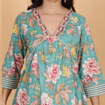 Teal floral printed A-line Cotton kurta set