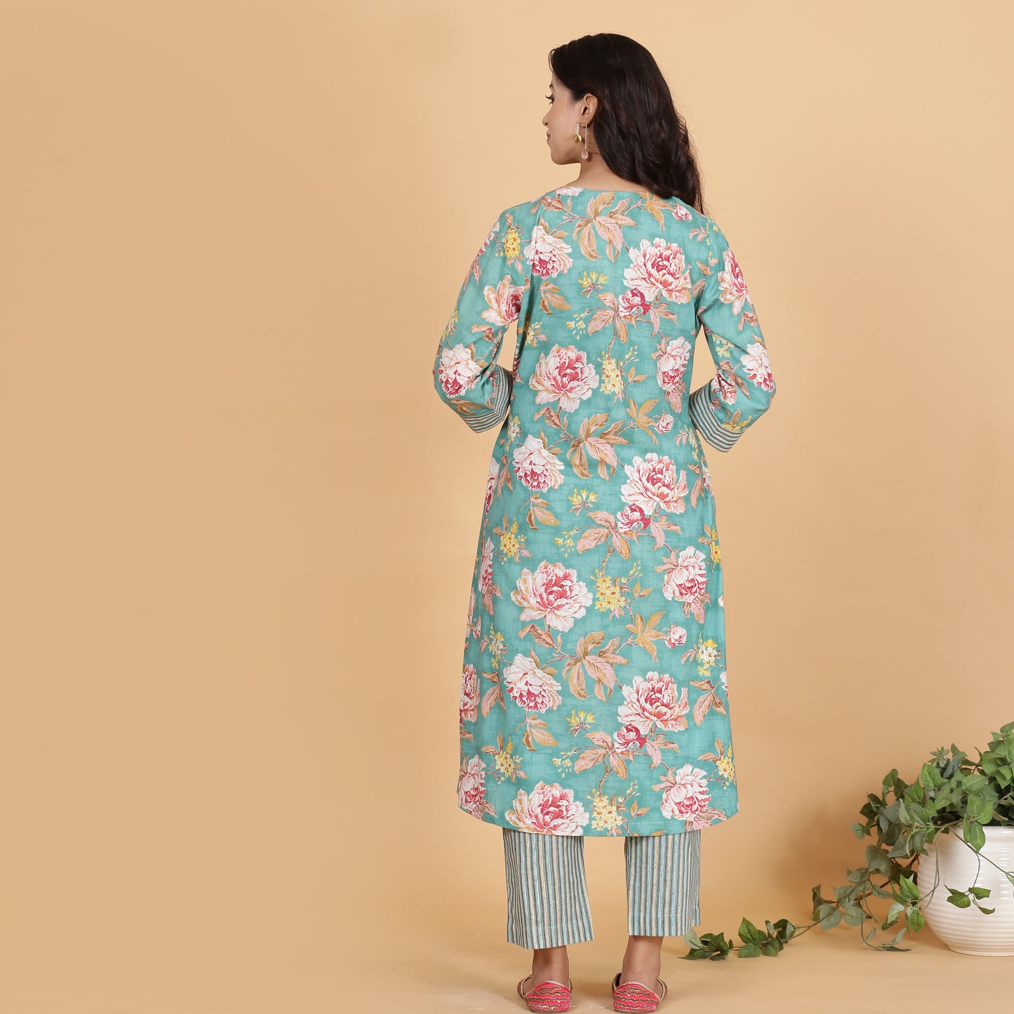 Teal floral printed A-line Cotton kurta set