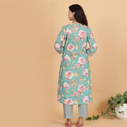 Teal floral printed A-line Cotton kurta set