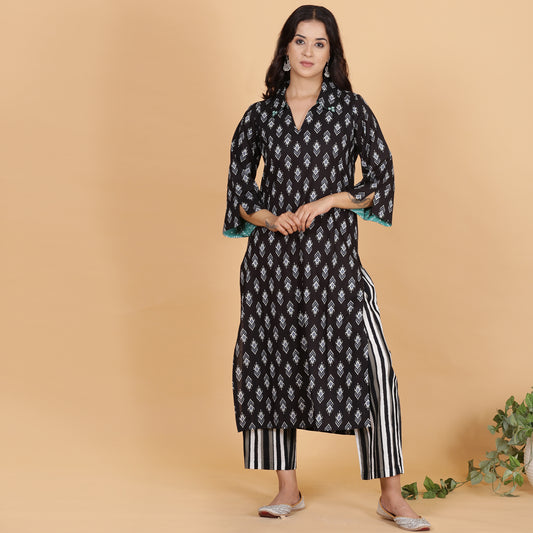 Black ikat co-ord set with striped pants