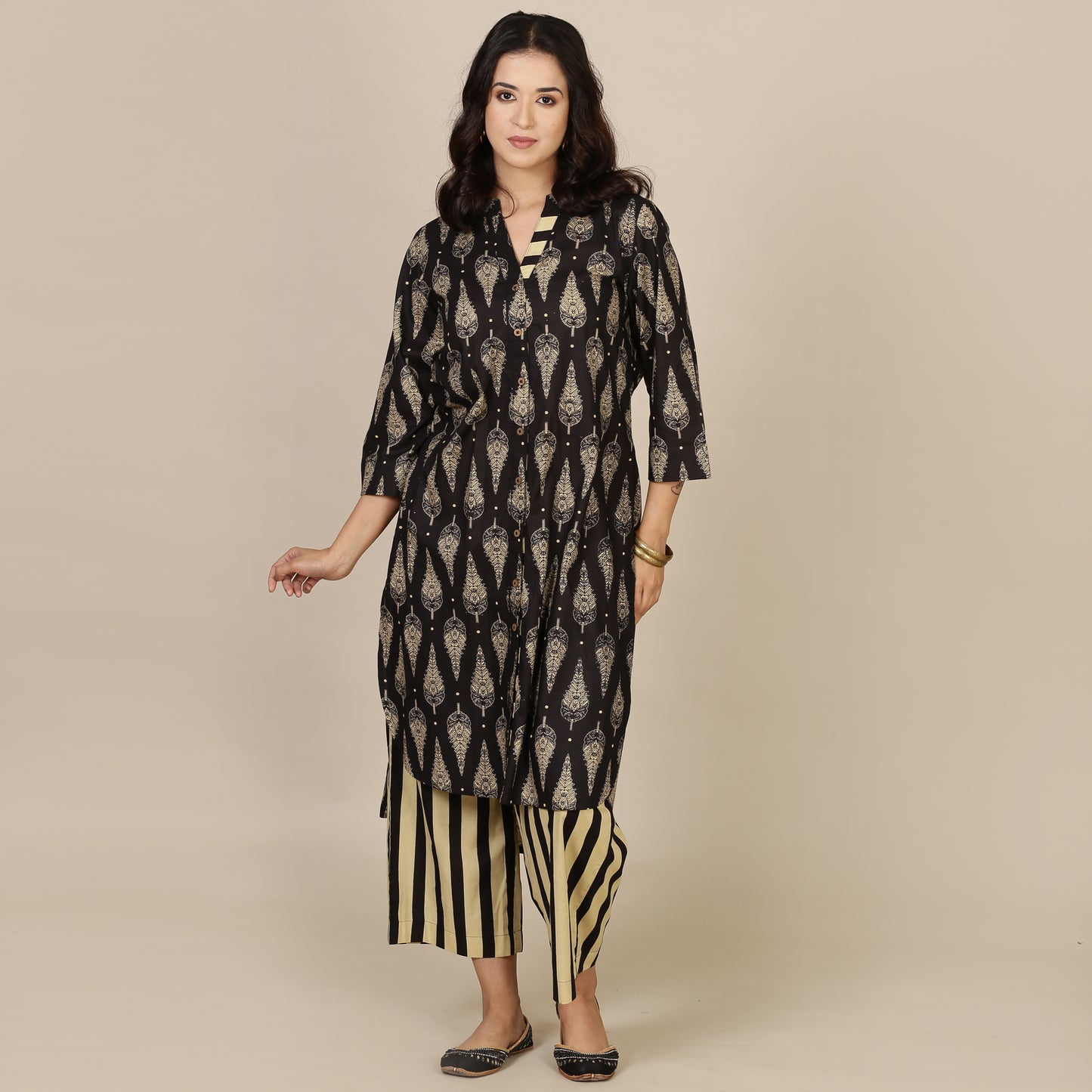 Black paisley cotton set with striped pants