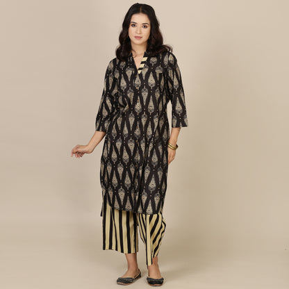 Black paisley cotton set with striped pants