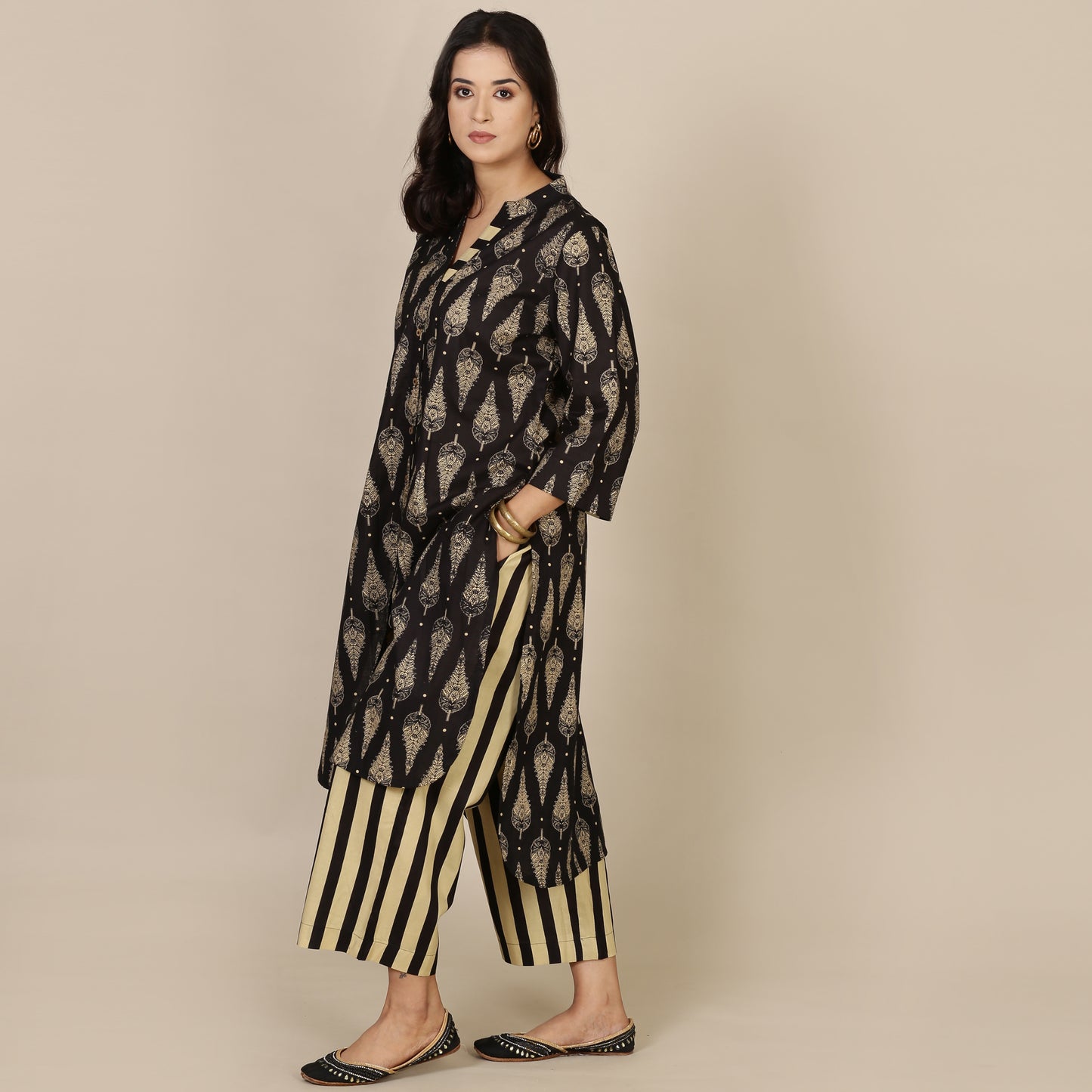 Black paisley cotton set with striped pants