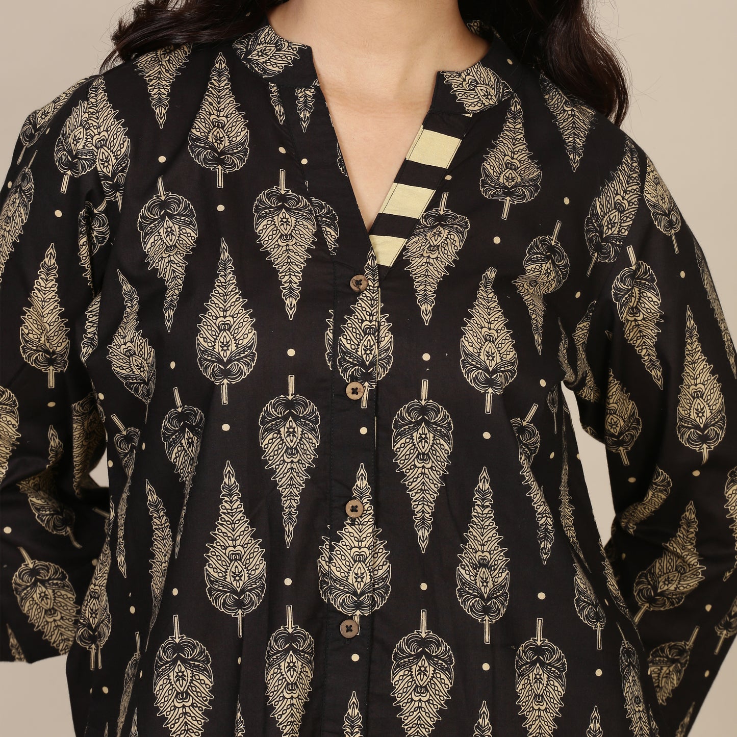 Black paisley cotton set with striped pants