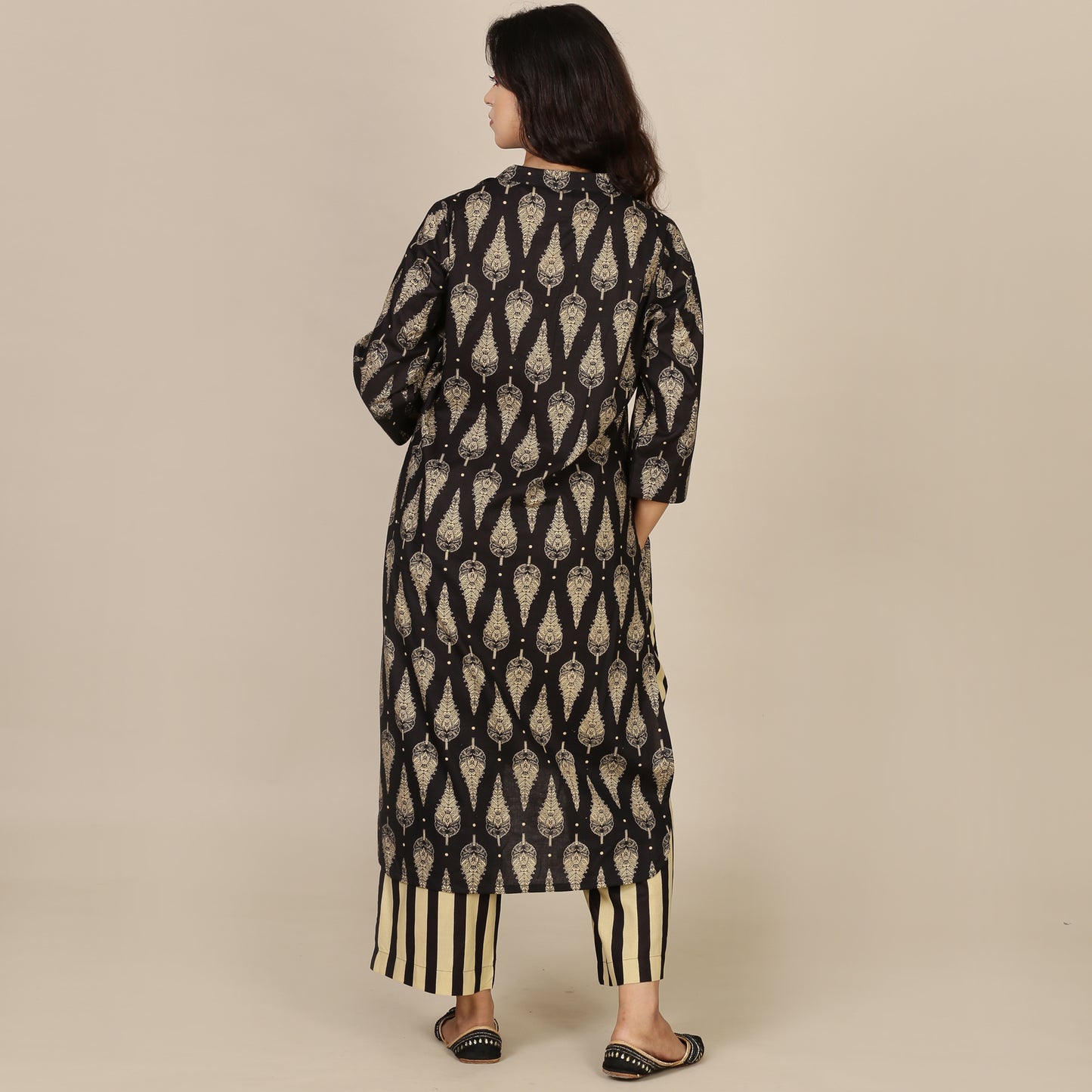 Black paisley cotton set with striped pants