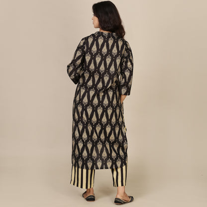 Black paisley cotton set with striped pants
