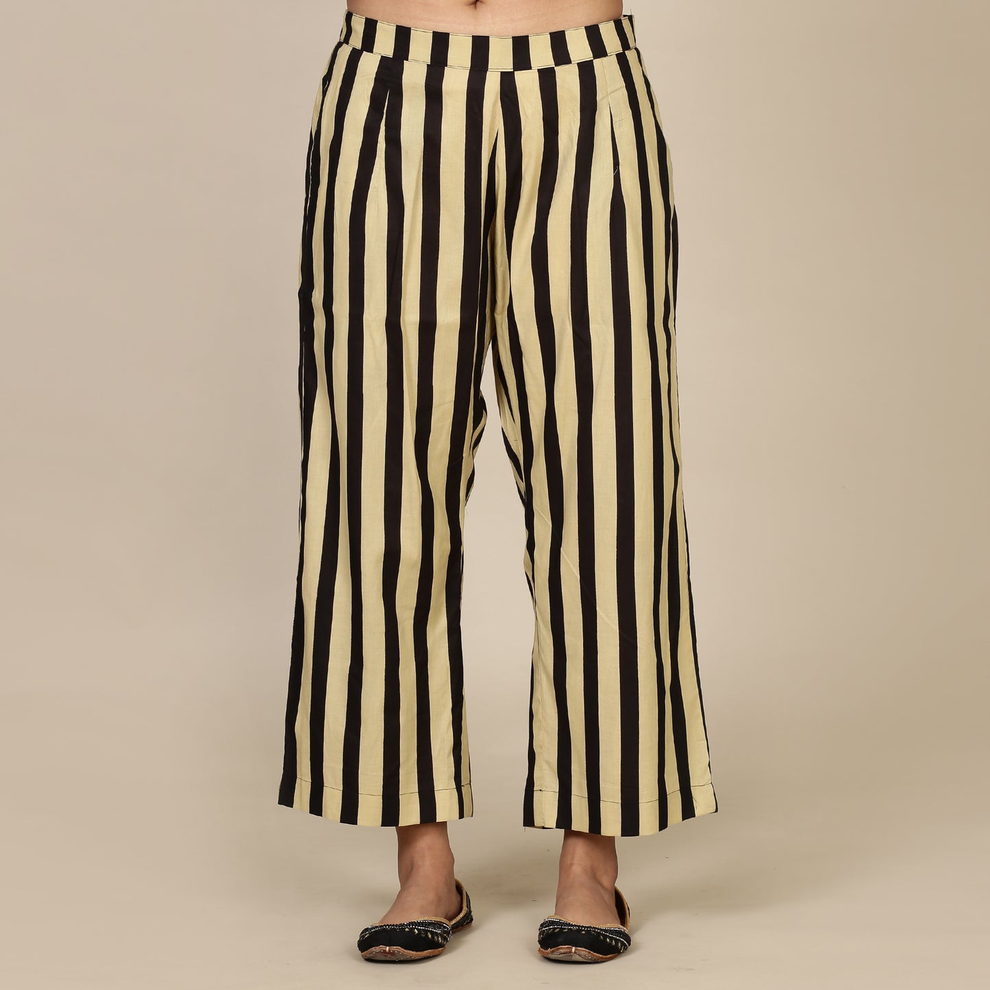 Black paisley cotton set with striped pants