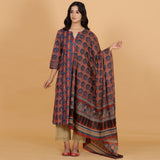 Blue printed Cotton kurta with dupatta set