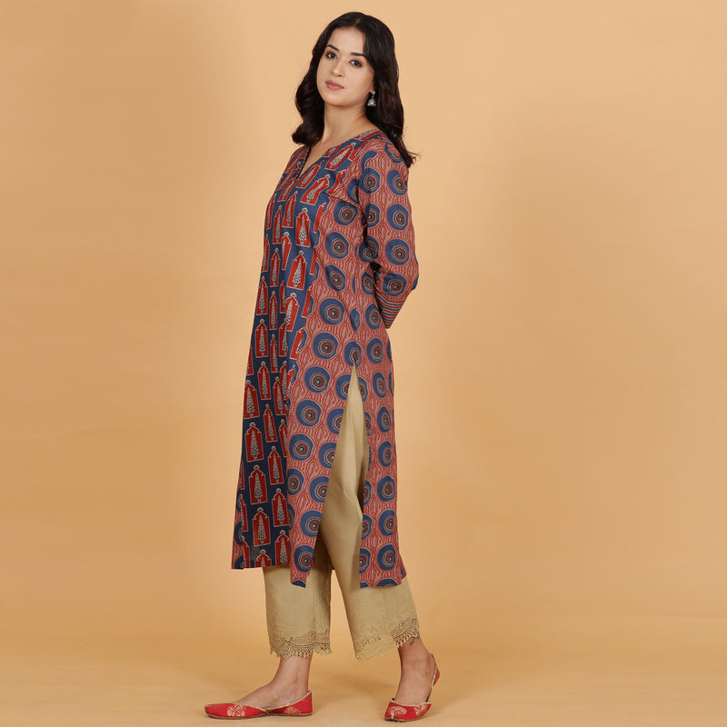 Blue printed Cotton Side Panelled A-line kurta