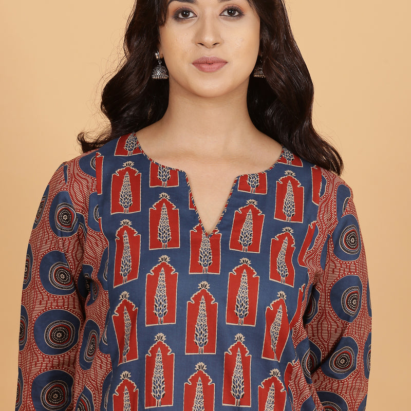 Blue printed Cotton kurta with dupatta set