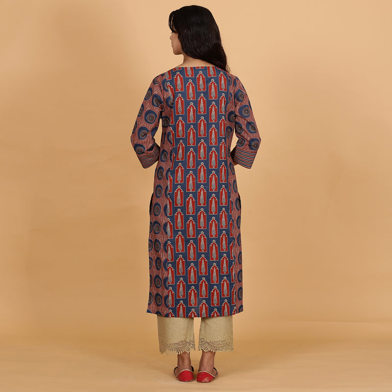 Blue printed Cotton Side Panelled A-line kurta