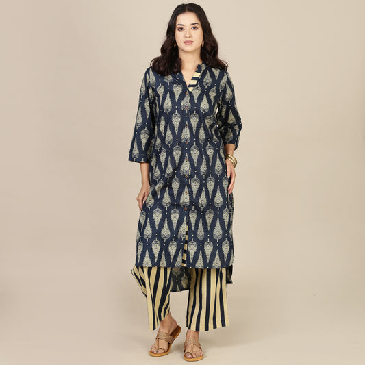 Blue paisley cotton set with striped pants