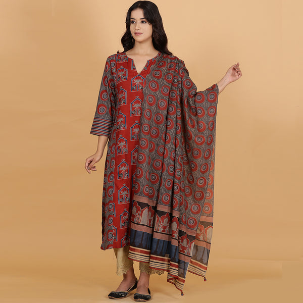 Red printed Cotton kurta with dupatta set