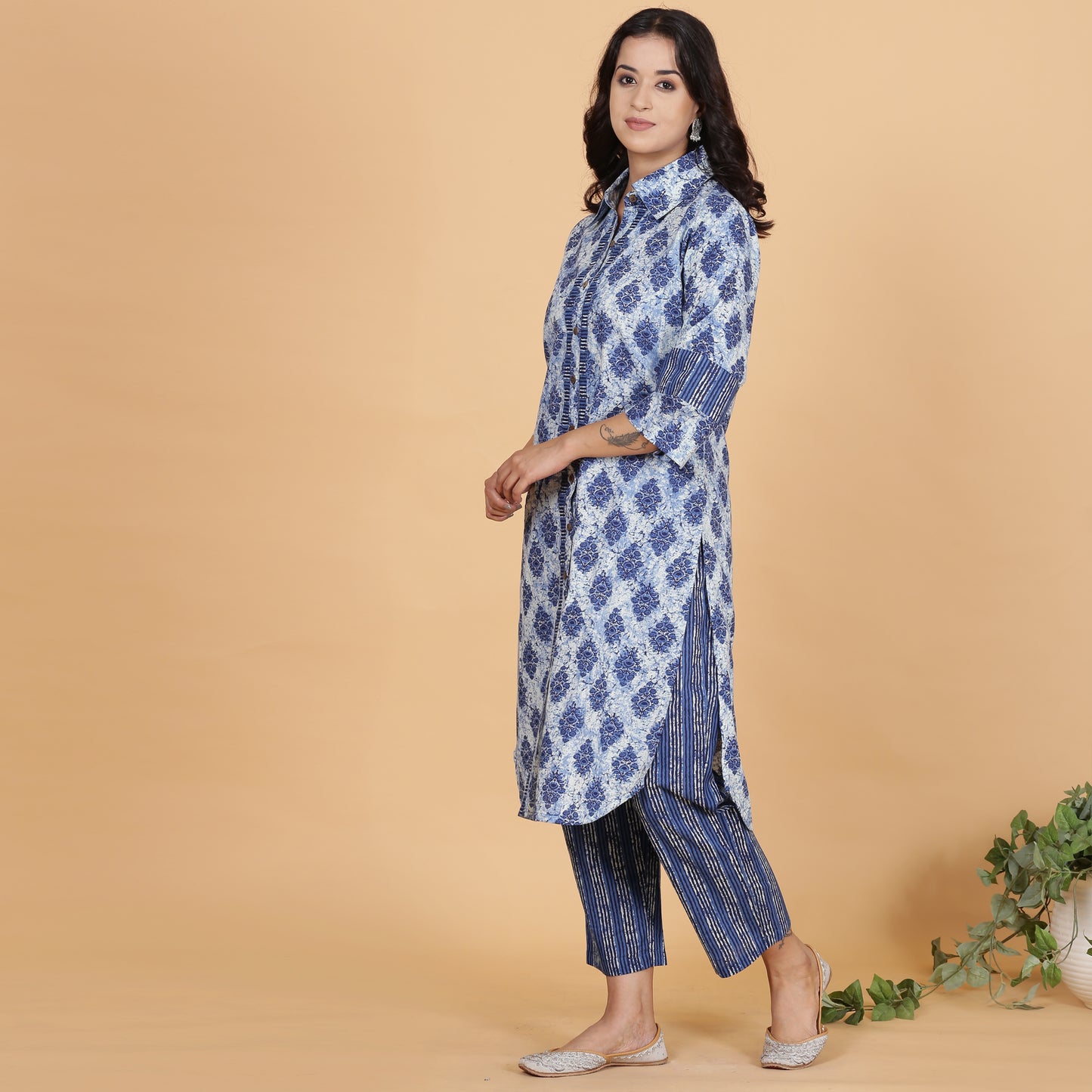 Blue printed full placket cotton kurta set