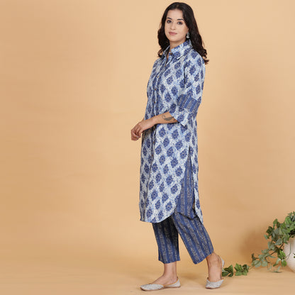 Blue printed full placket cotton kurta set