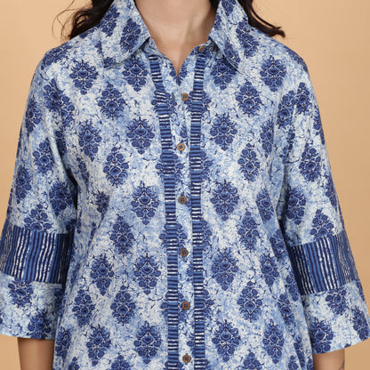 Blue printed full placket cotton kurta set