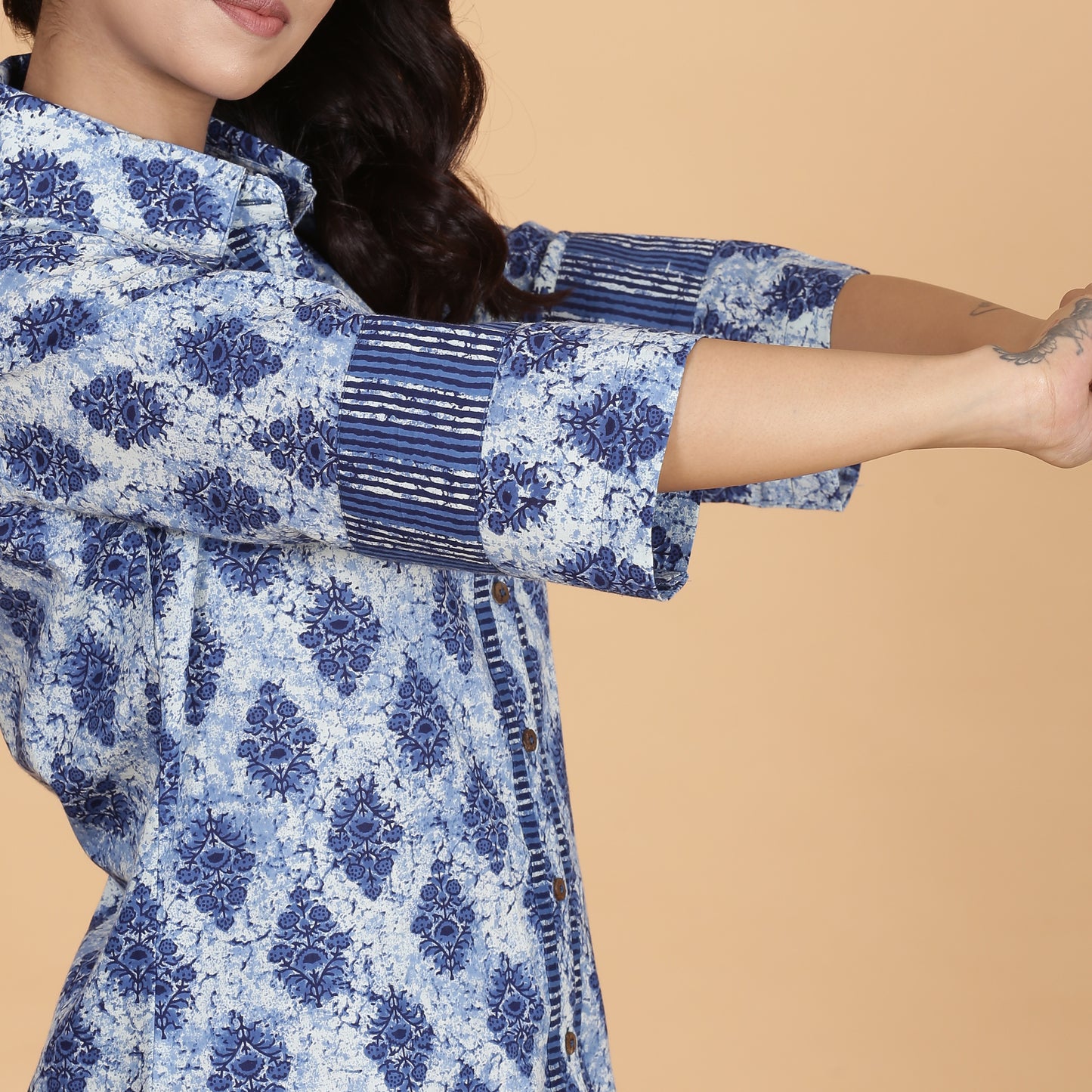 Blue printed full placket cotton kurta set