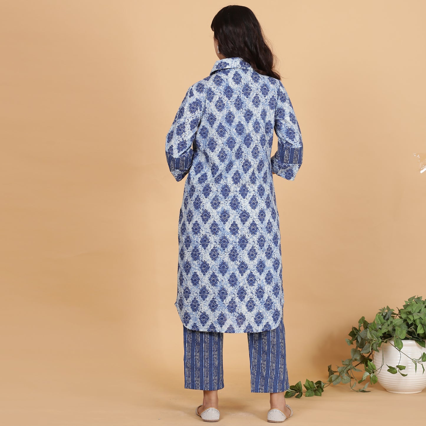 Blue printed full placket cotton kurta set