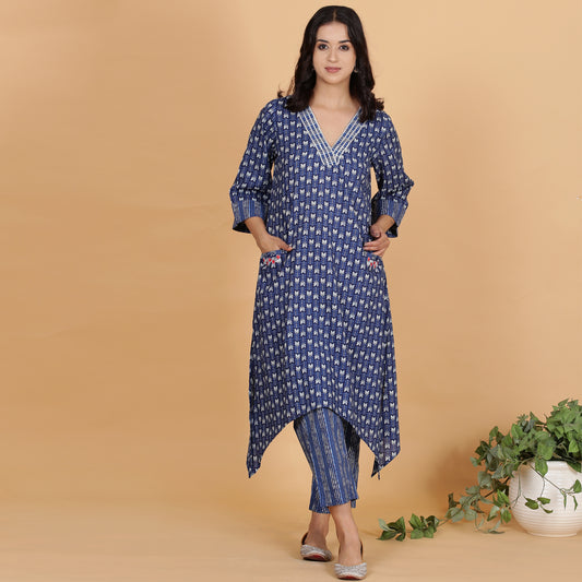 Blue pocket kurta set with Embroidery and striped pants