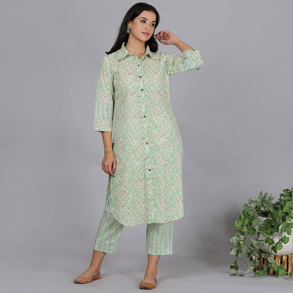 Green printed full placket cotton kurta set