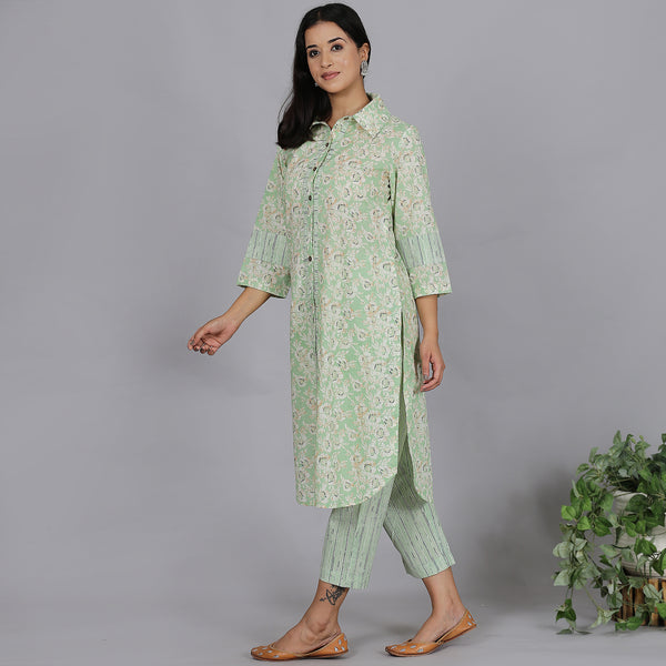 Green printed full placket cotton kurta set