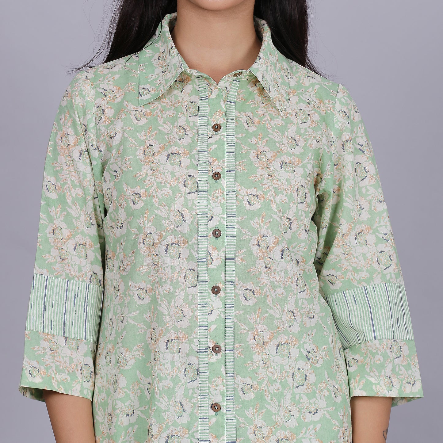 Green printed full placket cotton kurta set