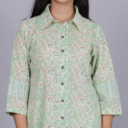 Green printed full placket cotton kurta set