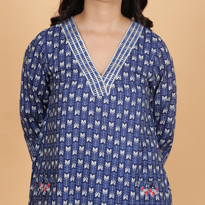 Blue pocket kurta set with Embroidery and striped pants
