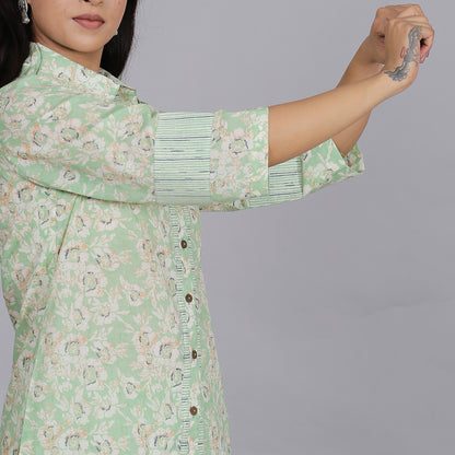 Green printed full placket cotton kurta set