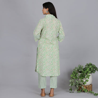 Green printed full placket cotton kurta set