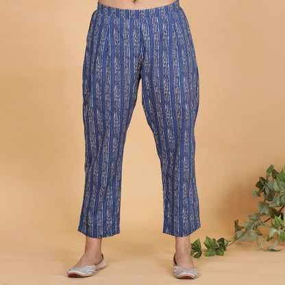 Blue pocket kurta set with Embroidery and striped pants