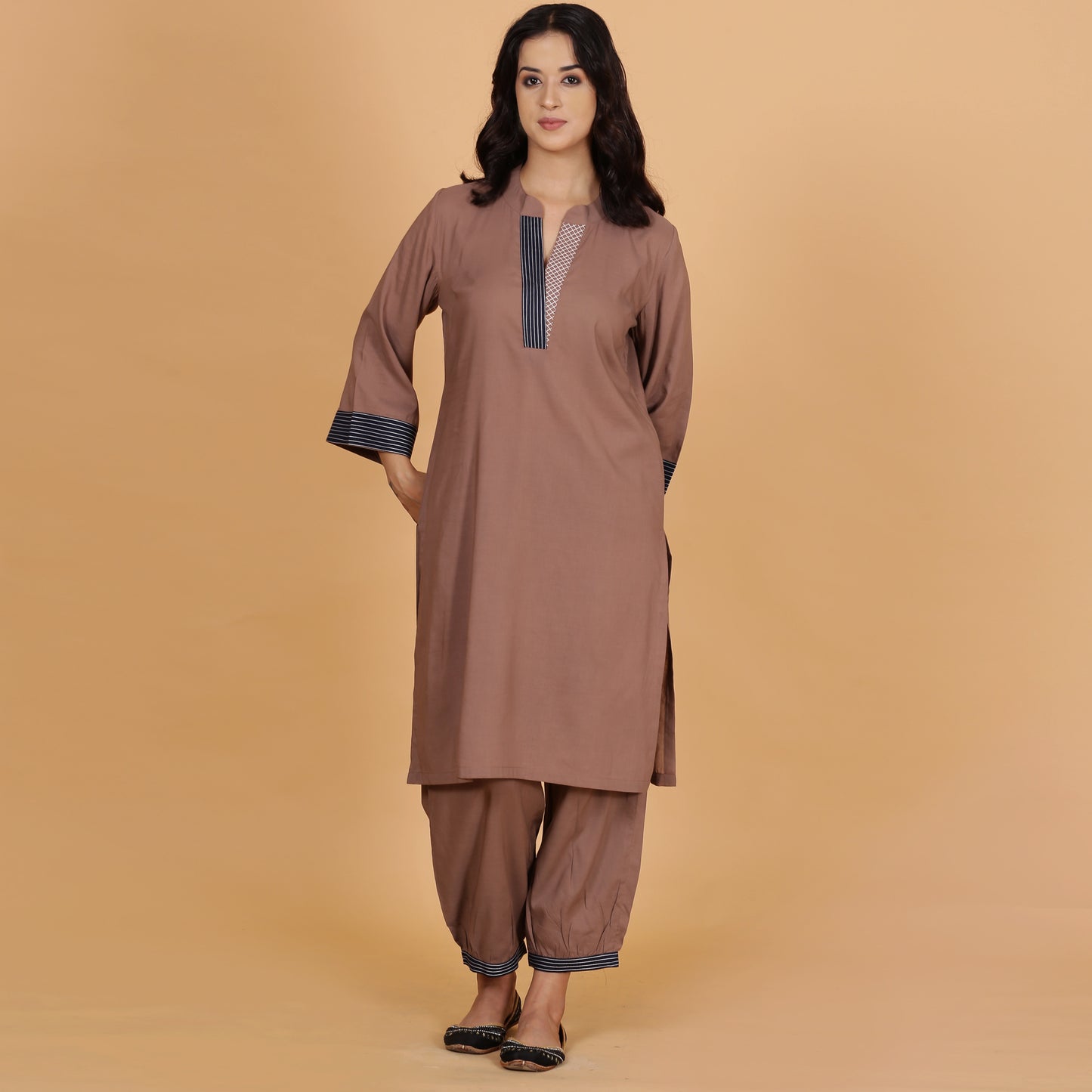 Brown solid Cotton Modal A-line kurta set with neck and detailing