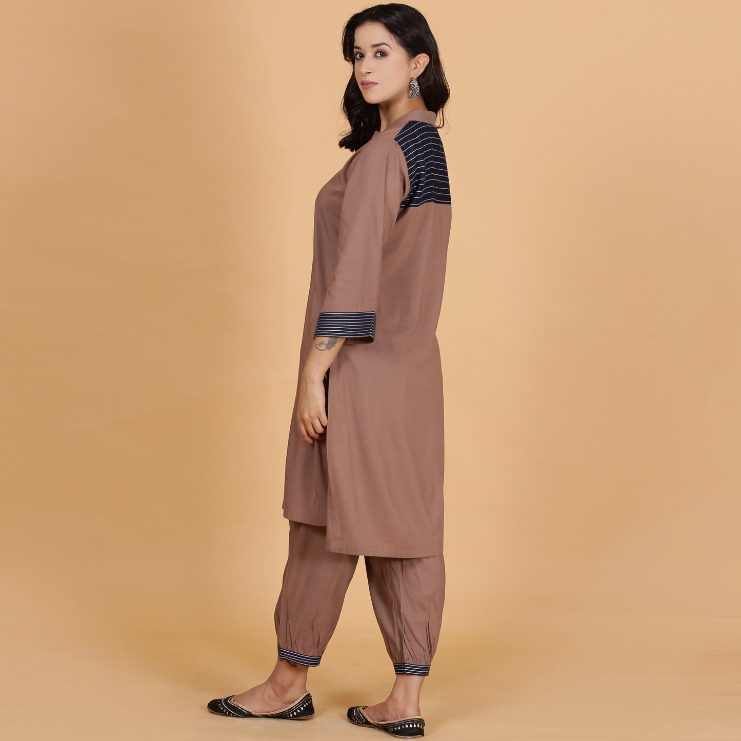 Brown solid Cotton Modal A-line kurta set with neck and detailing