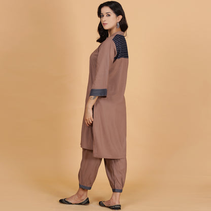 Brown solid Cotton Modal A-line kurta set with neck and detailing