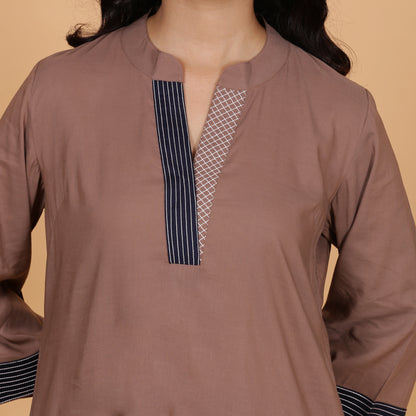 Brown solid Cotton Modal A-line kurta set with neck and detailing
