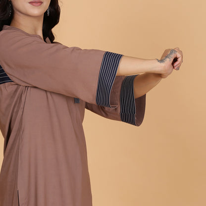 Brown solid Cotton Modal A-line kurta set with neck and detailing