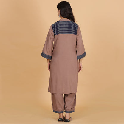 Brown solid Cotton Modal A-line kurta set with neck and detailing