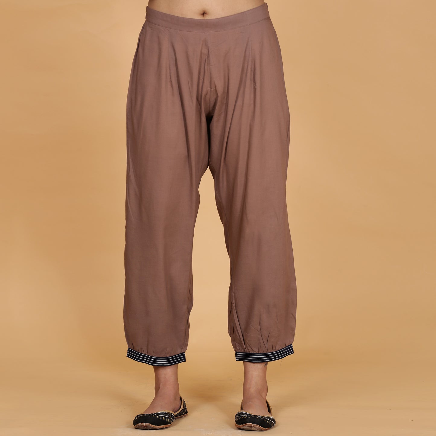 Brown solid Cotton Modal A-line kurta set with neck and detailing