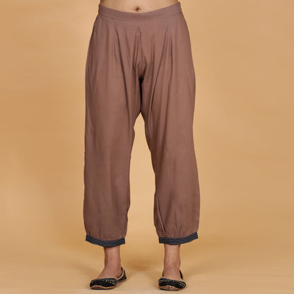 Brown solid Cotton Modal A-line kurta set with neck and detailing