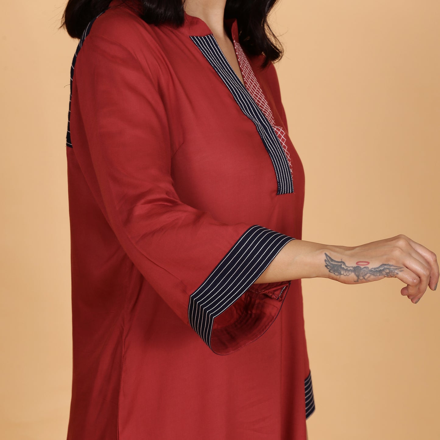 Rust solid Cotton Modal A-line kurta set with neck and detailing