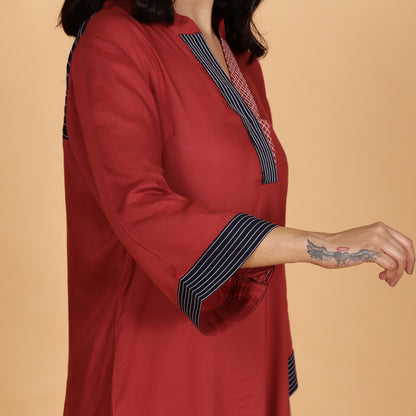 Rust solid Cotton Modal A-line kurta set with neck and detailing