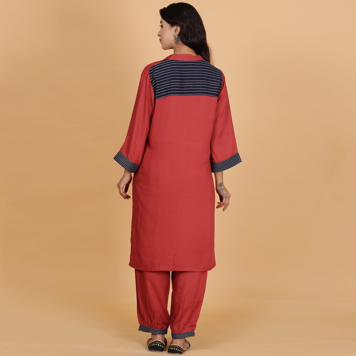 Rust solid Cotton Modal A-line kurta set with neck and detailing