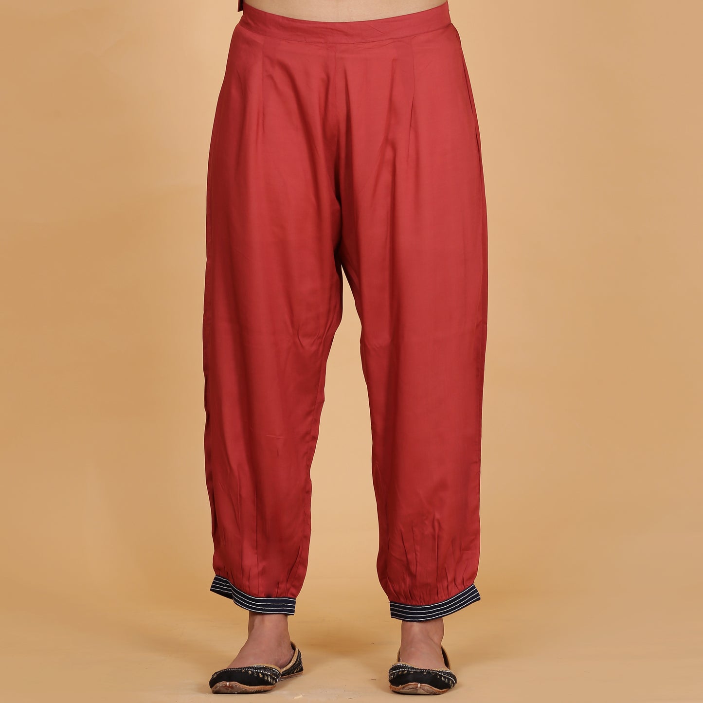 Rust solid Cotton Modal A-line kurta set with neck and detailing