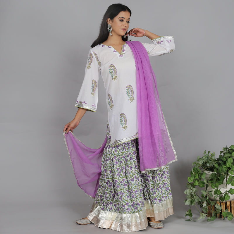 White and Violet printed sharara set