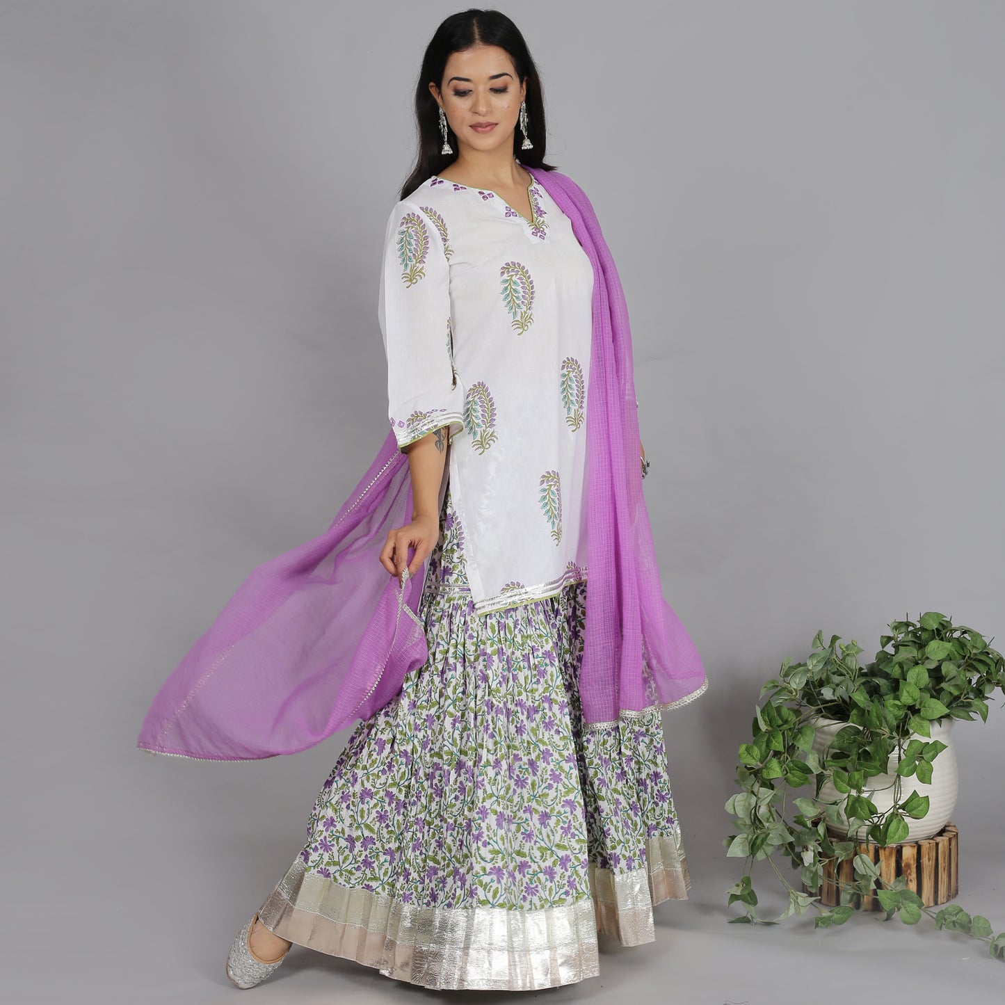 White and Violet printed sharara set