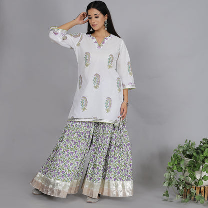 White and Violet printed sharara set