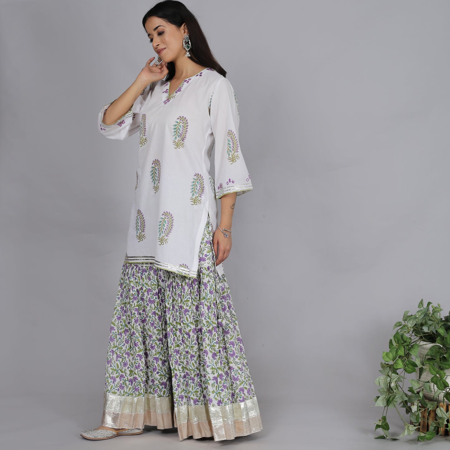 White and Violet printed sharara set