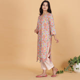 Grey printed A-line kurta set with Organza detailing